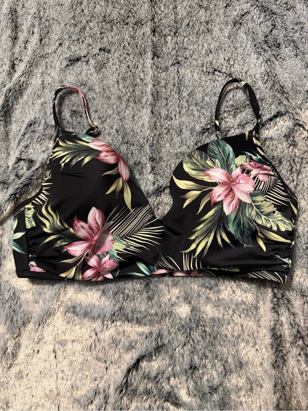 NWOT Black Floral Tropical Bikini Top/34C - Women Swim